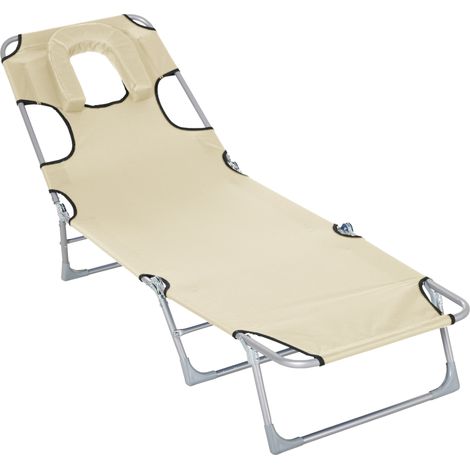 Tumbona de jardín inclinable y plegable con orificio de lectura, reposacabezas, respaldo ajustable 5 niveles, playa 182x56x28 cm beige