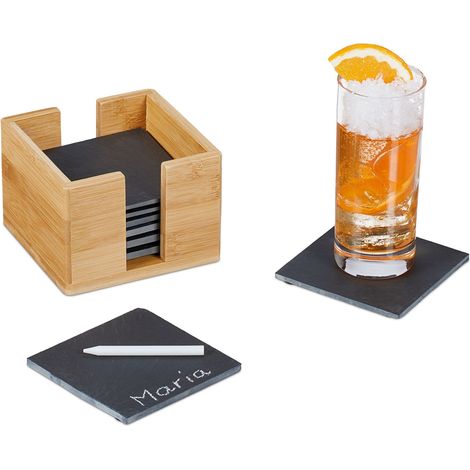 Relaxdays Schiefer Untersetzer 8er Set, mit Bambus Box, Getränkeuntersetzer, 10x10 cm, Schieferplatte Gläser, anthrazit