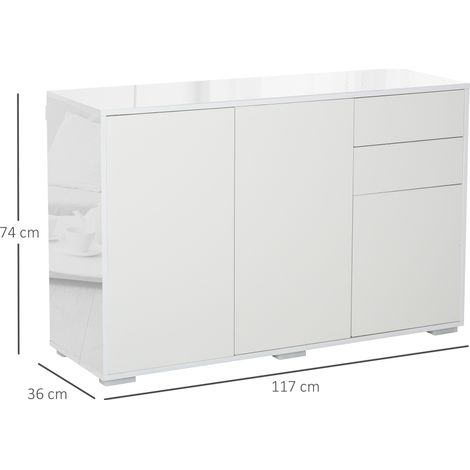 Credenza da soggiorno con 3 ante, 2 cassetti e ripiano regolabile, 117x36x74 cm, colore bianco. (1/5)