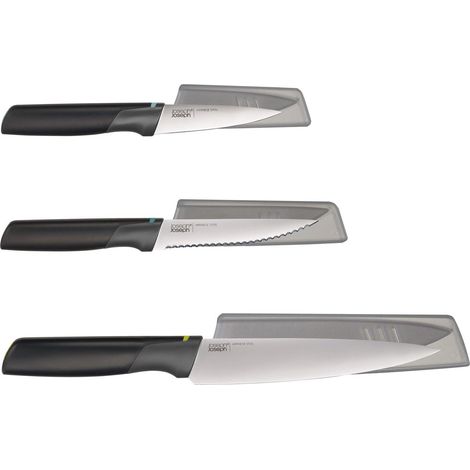 Duo de set di coltelli de 3 pezzi de Joseph Joseph, coltelli da cucina de con manici bilanciati e coperture de protezione, acciaio inox giapponese, colore Opale.