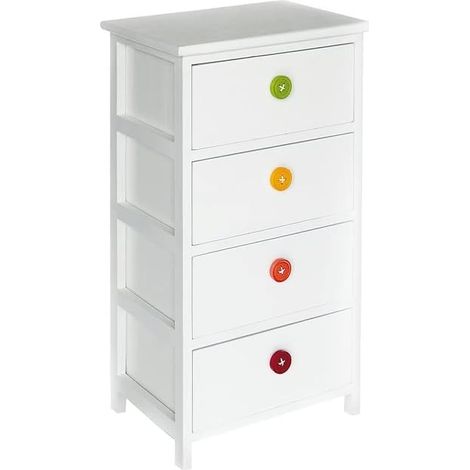 King Home Paulownia Holzkommode 40x29x73h cm 4 weiße Schubladen mit farbigen Knöpfen