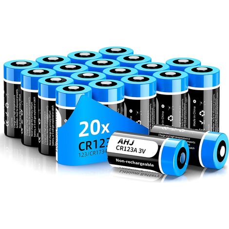 Piles CR123A, 20 Piles Lithium CR123A/CR123/CR17345 3V 1600mAh Jetables, Piles Spéciales pour Petits Appareils électroniques, Longue Durée de Vie, Hautes Performances (1/5)