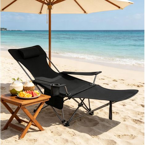 Chaise de camping en acier noire pliante avec repose-pieds extensible et dossier réglable (1/5)