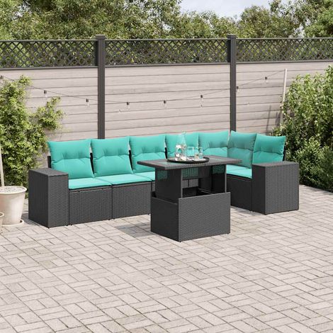 7-teiliges Gartensofa-Set mit Kissen, schwarzes Polyrattan (1/5)