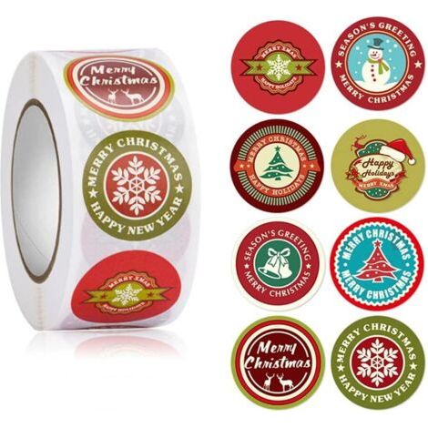 500 Pièces Étiquettes Adhésives de Noël, 2,5 cm Étiquette Autocollante de Noël, Vacances Cadeau Autocollants, 8 Motifs, Forme Ronde, pour L'artisanat, Scrapbooking, Décoration D'enveloppes (1/5)