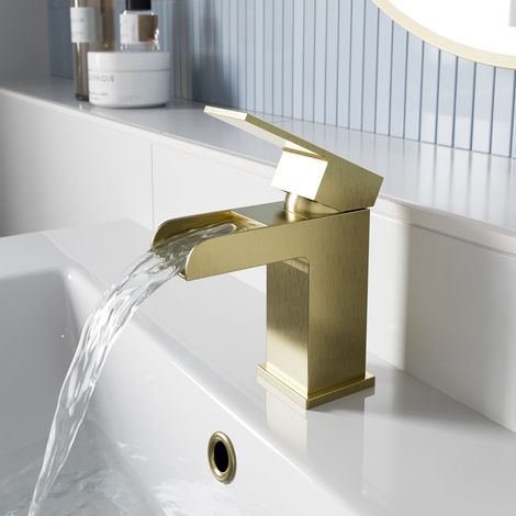 Waterfall Basin Mixer Tap Square Mono Single Lever Faucet Brushed Brass (1/5)
