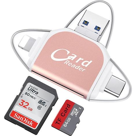 Lecteur de cartes 4-en-1 Multifonction, Adaptateur USB Micro pour Cartes SD et Micro SD, Port Universel, Compatible avec TF, Connexion Rapide, Couleur Rose (1/5)