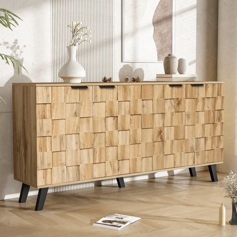 Buffet Und Sideboard mit 4 Türen und Verstellbaren Einlegeböden, Geometrisches Muster, Spanplatte, Holz, 160,5×35,5×78 cm