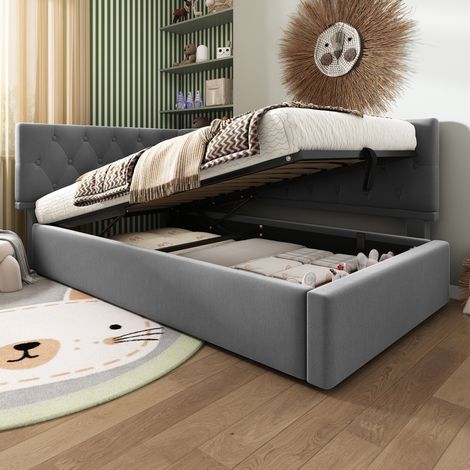 Cama daybed moderna 90x190 cm de terciopelo gris, diseño en L, cabecero reversible, arcón hidráulico y lamas (1/5)