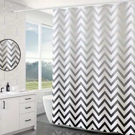 Rideau de douche imprimé PEVA 120 cm x 180 cm, motif vagues noir et blanc, avec crochets, adapté à la salle de bain (1/5)