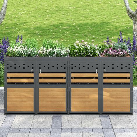 Cache-poubelle 4 bacs 264x80x125 cm, 120-240 litres, porte avec poignée et 4 clés, 4 portes, jardinière, aspect bois, acier, anthracite - Gris (1/5)