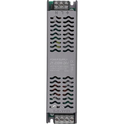 Alimentation LED 200W, entrée AC 175-260V, sortie DC 24V basse tension, transformateur avec trous de dissipation thermique.