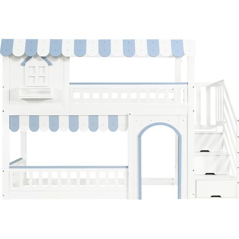 Etagenbett für Kinder 90x200 cm mit Stauraumtreppe, weiß und blau, Kiefer MDF Sperrholz (1/5)
