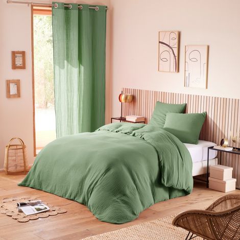 Housse de couette 260 x 240 cm en gaze de coton naturelle + 2 taies Vert olive (1/3)