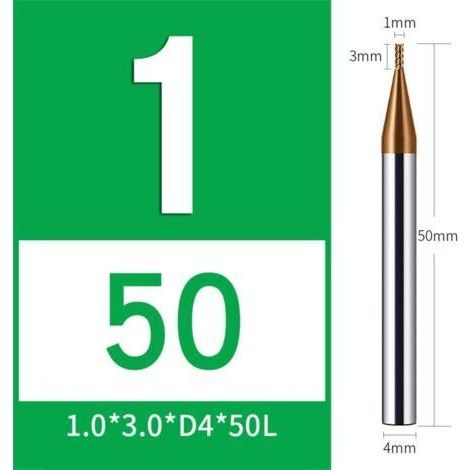 NALOOKAMIC Fraises en carbure de 50 x 1 mm, 4 arêtes de coupe, pour usinage CNC, revêtement TiCN or, fraise VHM de 1 mm pour acier, métal, bois, acrylique et plastique