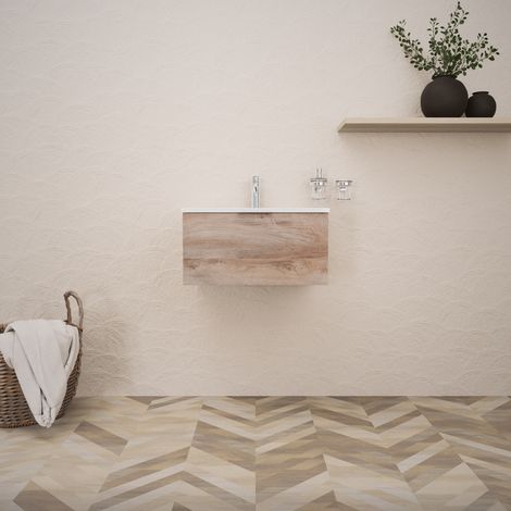 Inda - Badezimmerschrank B.60 mit glänzendem Waschbecken / Natureiche 1 Schublade - Topazio