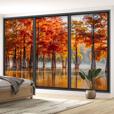 Papier peint panoramique Trompe l'oeil baie vitrée - Lac et arbres - 130 cm x 78 cm (1/5)