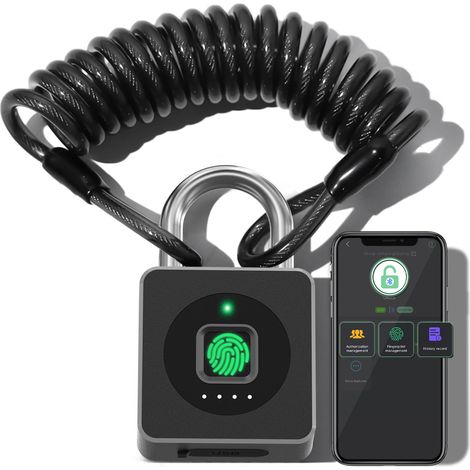 Cadenas à empreintes digitales avec application, câble en acier, cadenas intelligent biométrique sans clé, cadenas étanche pour salle de sport, casier, casque, portail, clôture, bagages (1/5)