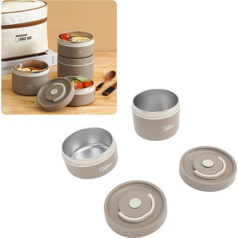 Boîte à lunch portable ronde en acier inoxydable 304 avec couvercle, boîte bento hermétique, marron foncé, lot de 2 + sac isotherme (1/5)