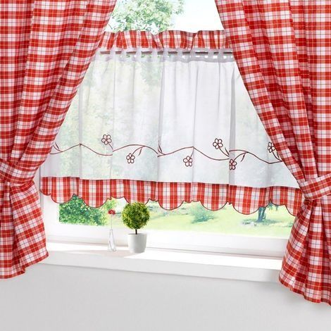 Café-Gardine aus Baumwollgarn, Stoffimitat - 1 Paneel (Höhe x Breite/30 x 90 cm, Rot) (1/2)