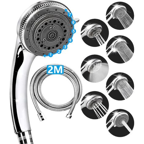 ZOLGINAH Pommeau de douche et tuyau - 7 modes - Grand pommeau de douche de luxe - Avec pulvérisateur à main haute pression - Ensemble de tuyau pour salle de bain (2 m) (1/4)