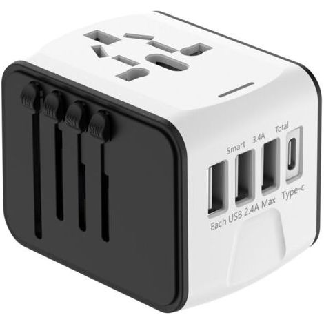 (Gris)Adaptateur de Voyage Universel - Blanc - 3 USB - 1 Type C - 1500W - Compact et Pratique (1/5)