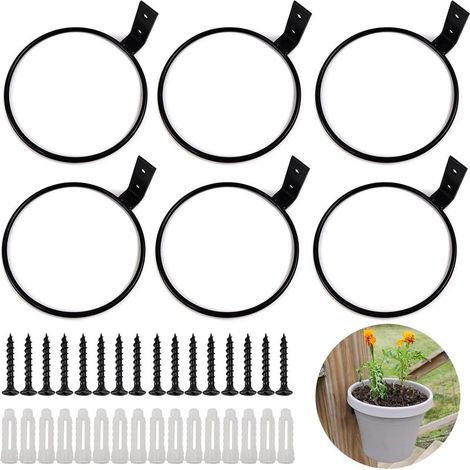 Lot de 6 supports muraux en métal noir mat pour suspensions florales – Anneaux porte-pots de 12 cm (1/5)