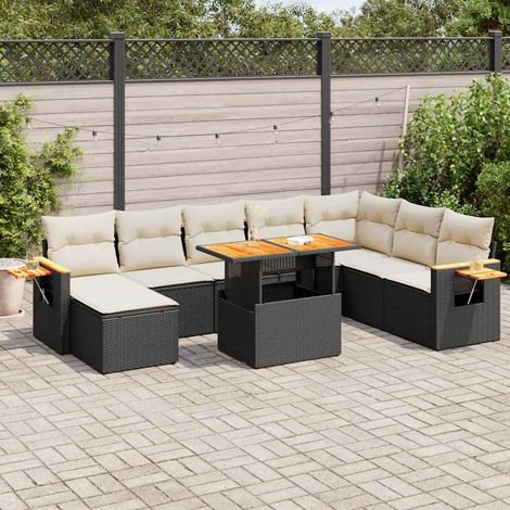 Set sofás jardín y cojines 9 pzas ratán sintético acacia negro