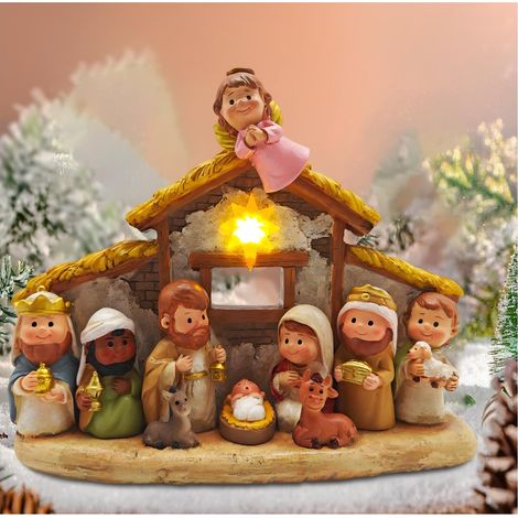 Crèche miniature illuminée avec figurines peintes à la main, éclairage LED blanc chaud, présentoir stable pour la décoration intérieure des fêtes, coffret cadeau religieux.