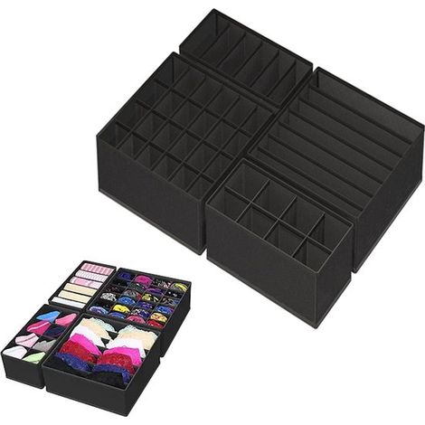 Grande boîte de rangement pour armoire - Boîte de rangement à tiroirs pour chaussettes et sous-vêtements - Boîte de rangement pliable en tissu - Noire (1/5)