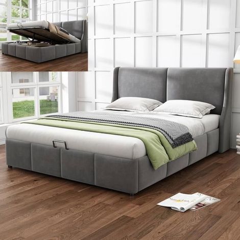 Cama con cofre 140x190 cm con somier de lamas, forma de oreja, tejido de terciopelo, gris