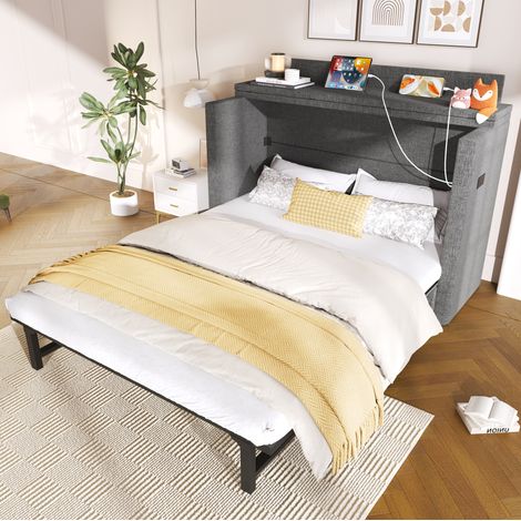 Letto a scomparsa 140x200 cm in lino e MDF grigio con USB, senza materasso - MEUBLIV (1/5)