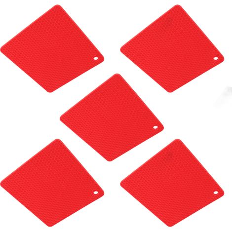 Lot de 5 dessous de plat carrés en silicone résistant à la chaleur et antidérapant, motif nid d'abeille, pour plan de travail de cuisine (rouge). (1/5)