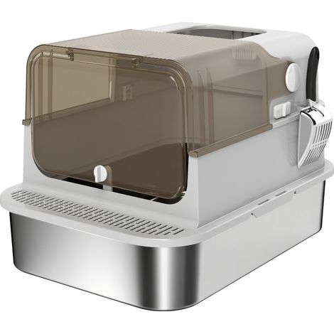 Litière pour chat XXL en acier inoxydable avec couvercle rabattable, double entrée, facile à nettoyer, pour grands chats jusqu’à 12 kg - CHICFURN (1/5)