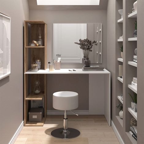 Tavolo da toeletta Tower, Bianco/Sonoma, 122.2 cm con sgabello, Vicco