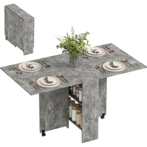 Table gris ciment pliante sur roulettes avec 2 étagères et rallonges, 140x75x74 cm, design industriel pour repas pratiques
