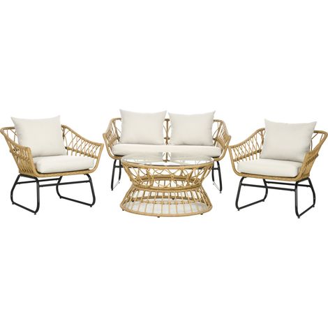 Salon jardin 4 pièces résine tressée – Canapé 2 places, 2 fauteuils, 1 table basse – Sable et crème, coussins inclus (1/5)