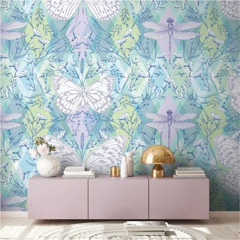 Photo wallpaper Profhome 392041 hot embossed non-woven wallpaper smooth with butterflies matt green purple blue white 1.59 m x 2.8 m (1/4)
