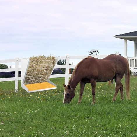 GOPLUS Mangeoire à Foin Murale en Métal Galvanisé, Distributeur de Foin et de Grains 2-en-1 avec Crochets Doubles Réglables, Râtelier à Foin Mural 83L pour Chèvres, Moutons, Chevaux (1/5)