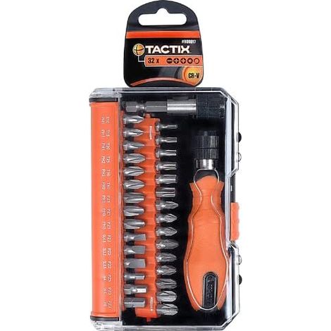 TACTIX - 32 PEZZI - CACCIAVITE A CRICCHETTO + 32 INSERTI/PUNTE - MISURE ASSORTITE
