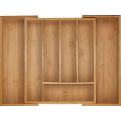 Relaxdays Cutlery Tray, 5-7 Compartments, 5 x 28-44.5 x 33.5 cm, Extendable Drawer Organiser, Bamboo, Kitchen, Natural