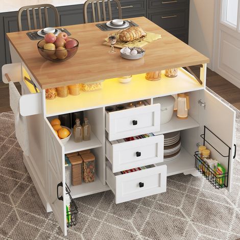 Desserte de Cuisine,Îlot Central Cuisine Mobile avec éclairage intelligent,Meuble de cuisine avec Plan de travail extensible,3 Tiroirs & Portes,Blanc