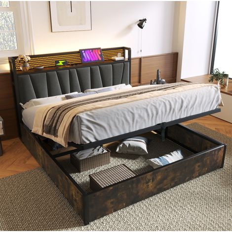 Lit rembourré moderne 180x200 cm gris, métal et lin, avec tête de lit LED RGBW, USB, prises et coffre (1/5)