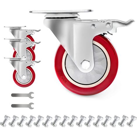 Plate Swivel Casters Wheels Duty Casters with Brake Polyurethane Dual Locking Casters Set of 4 Red,Quatre pouces (1/5)