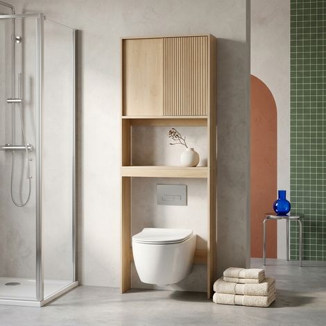 Sweeek – Meuble WC Linear avec portes coulissantes – 3 espaces de rangement – Dimensions 64 x 20 x 180 cm – Panneaux de particules mélaminés (1/5)
