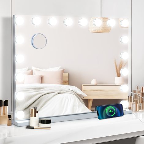 Puluomis – Miroir de maquillage LED 80x60cm – 18 lumières réglables – Écran tactile – Loupe grossissante 10X – Installation murale ou sur table