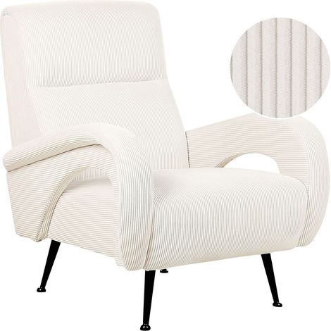 Fauteuil Rembourré Style Rétro Accoudoirs Ouverts Velours Côtelé Blanc Cassé Svalov (1/5)