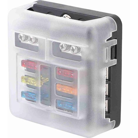 Caja de fusibles de 6 vías con portafusibles de lámina e indicador LED para aplicaciones automotrices, náuticas y marinas.
