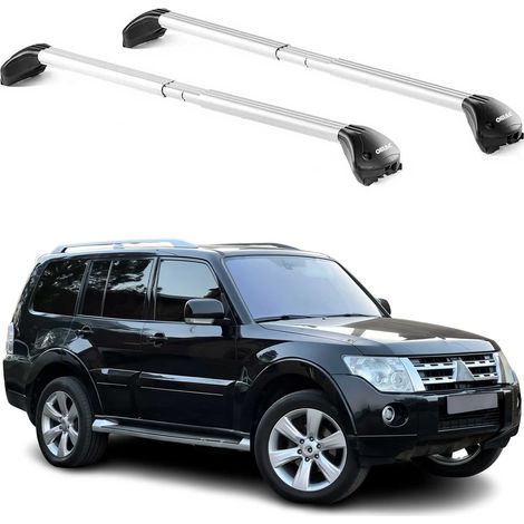 OMAC Barres de toit transversales certifiées TÜV pour Mitsubishi Pajero III IV 2000-2018 – Verrouillables (4 antivols) – Charge max 100 kg – Sangle inox + protection caoutchouc Argent (1/4)