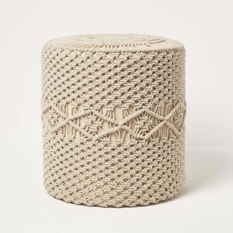 HOMESCAPES Astrid - Makramee-Pouf rund - Baumwolle natur, 40 x 42 cm
